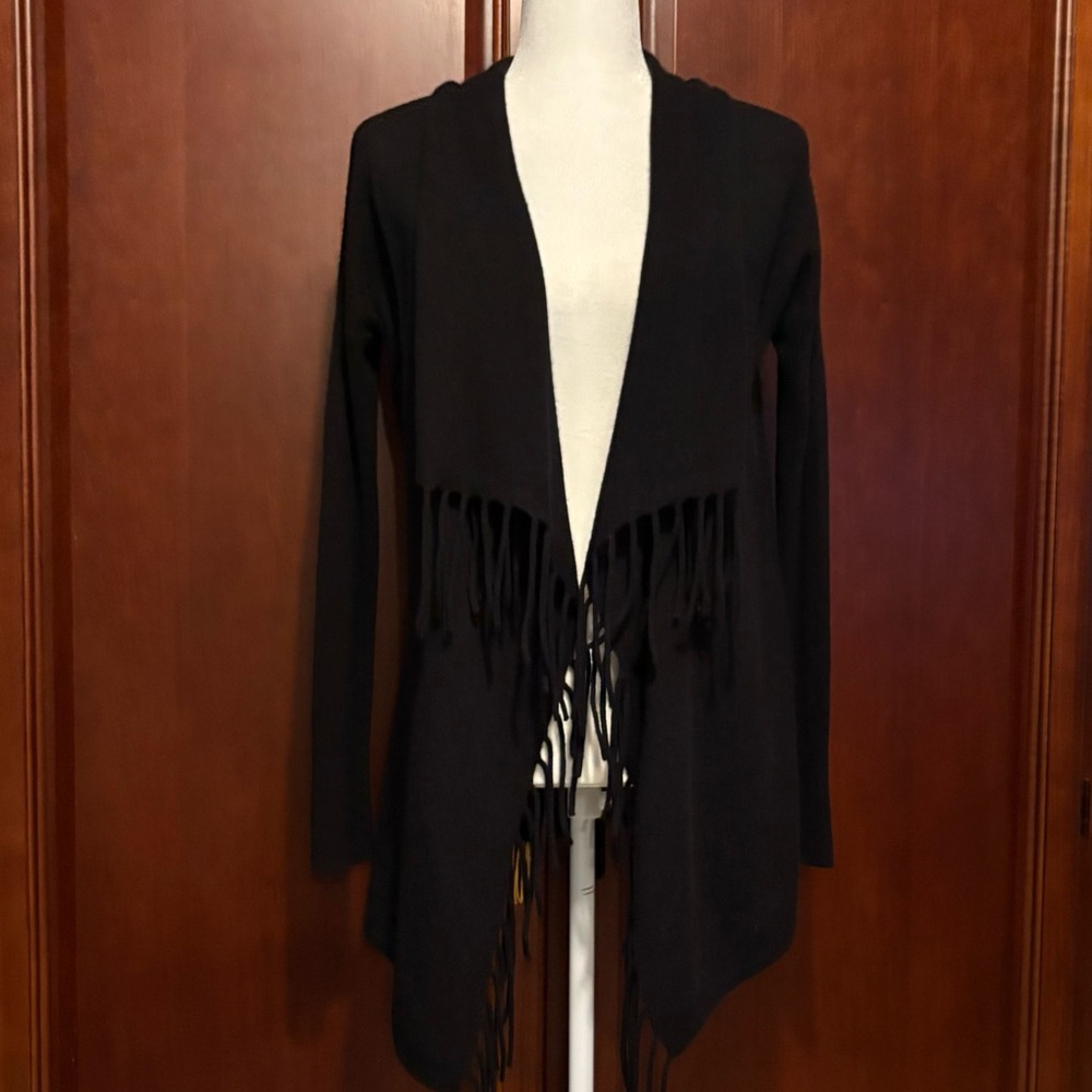 Aqua 💯% Cashmere Open Front Draped Fringe Black Soft Cardigan Sweater